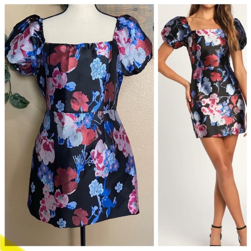Lulus So Stunning Black Multi Floral Jacquard Puff Sleeve Mini Dress